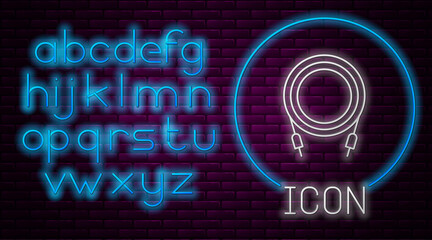 Fototapeta premium Glowing neon line Audio jack icon isolated on brick wall background. Audio cable for connection sound equipment. Plug wire. Musical instrument. Neon light alphabet. Vector