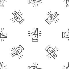 Fototapeta premium Grey line Hand showing two finger icon isolated seamless pattern on white background. Victory hand sign. Vector