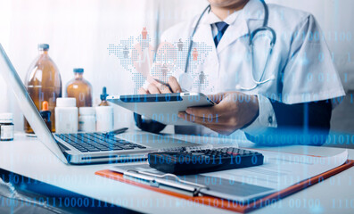 Medical technology concept The doctor works with mobile phones, headphones and tablets. Digital...