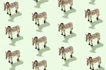 Poster Cheerful patern with plastic toy zebra on green background in sunlight - Concept about the world of animals and wild life © sergign