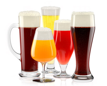 Set of fresh different beer glasses with bubble froth on white background.
