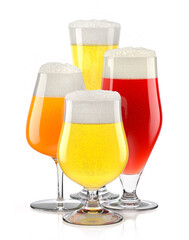 Set of fresh different beer glasses with bubble froth on white background.