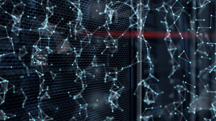 Global Cyberspace Big Data Futuristic Design Grid on Server Room Blurred background.