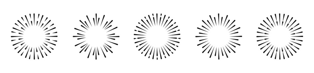 Obraz premium Sunburst set. Rays line shine icon collection. Sunshine, sunbeam and sunrise light vintage circles. Decoration design elements. Vector illustration.