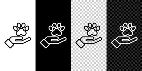 Set line Hands with animals footprint icon isolated on black and white, transparent background. Pet paw in heart. Love to the animals. Vector