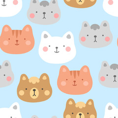 cats with cute kitty paw seamless pattern, doodle cat animals background, kitten vector illustration