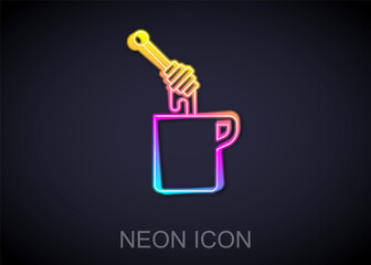 Glowing neon line Honey dipper stick with dripping honey icon isolated on black background. Honey ladle. Vector