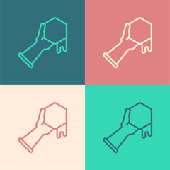 Pop art line Honeycomb and hand icon isolated on color background. Honey cells symbol. Sweet natural food. Vector