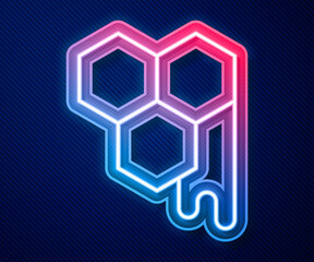 Glowing neon line Honeycomb icon isolated on blue background. Honey cells symbol. Sweet natural food. Vector