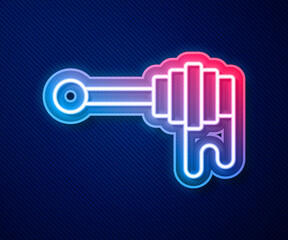 Glowing neon line Honey dipper stick with dripping honey icon isolated on blue background. Honey ladle. Vector