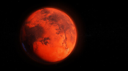 Mars planet 3D render illustration with atmosphere, high detailed surface features, martian red globe scientific background with stars in the background.
