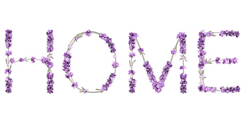 vector inscription Home in the form of lavender sprigs in bright purple tones