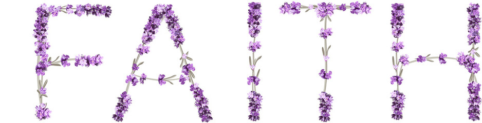 vector inscription Faith in the form of lavender sprigs in bright purple tones