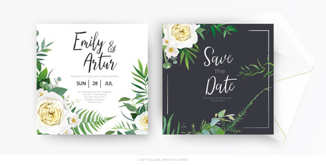 Stylish vector floral watercolor wedding invite save the date set card template set. Yellow, white roses, camellia flowers, greenery eucalyptus, green forest fern leaves, herbs botanical frame, border