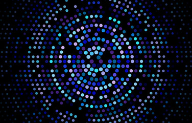 Dark blue halftone geometric circles, shapes. Interesting mosaic banner. Geometric background with colored discs.