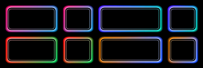 Set of buttons colorful frames in neon colors, modern buttons collection oval rectangle shapes on black background, vector illustration.