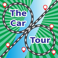 Transport interchange over river. Red marks near interchange. Inscription - The Car Tour. Travel vector illustration on rays background. Vacation planning, tourism, leisure, holiday theme. Flat style.