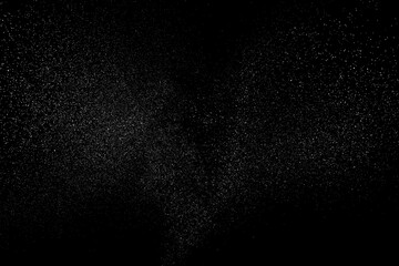 Distressed white grainy texture. Dust overlay textured. Grain noise particles. Snow effects pack. Rusted black background. Vector illustration, EPS 10. 