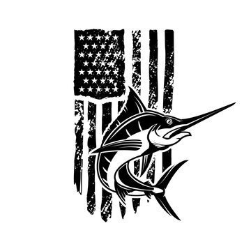 American flag with  swordfish illustration. Design element for poster, card, banner, t shirt. Vector illustration