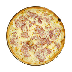 Pizza with cream sauce, ham and parmesan.
