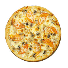 Pizza with cream sauce, mushrooms and tomatoes.