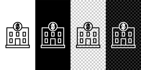 Set line Bank building icon isolated on black and white, transparent background. Vector