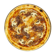Pizza with prosciutto and mushrooms, photo for the menu.