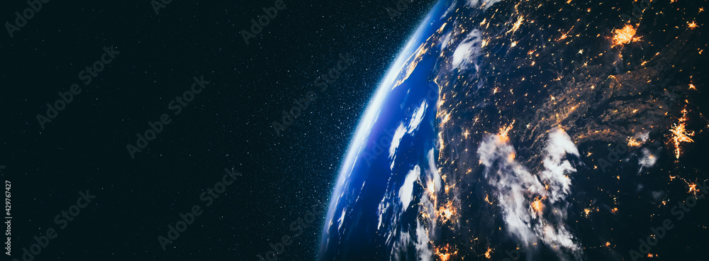 Poster planet earth globe view from space showing realistic earth surface and world map as in outer space p