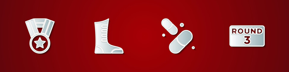 Set Medal, Sport boxing shoes, Vitamin pill and Boxing ring board icon. Vector