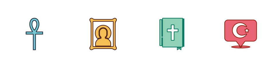 Obraz premium Set Cross ankh, Christian icon, Holy bible book and Star and crescent icon. Vector