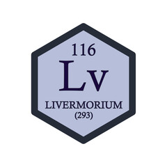 ,  Livermorium  Chemical Element Periodic Table. Hexagon vector illustration, simple clean style Icon with molar mass and atomic number for Lab, science or chemistry education.
