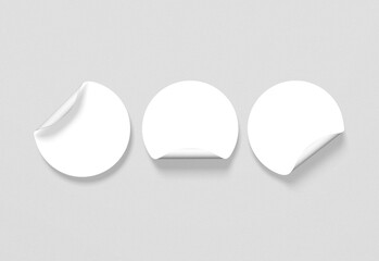 3D sticker realistic render, White tags, paper round stickers with peeling corner, rounded plastic mockup signs, 3D vector illustration
