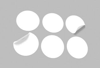 3D sticker realistic render, White tags, paper round stickers with peeling corner, rounded plastic mockup signs, 3D vector illustration
