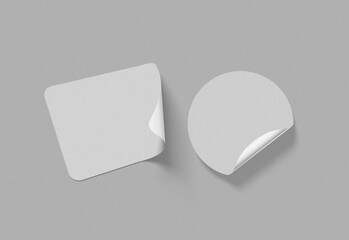 3D sticker realistic render, White tags, paper round stickers with peeling corner, rounded plastic mockup signs, 3D vector illustration
