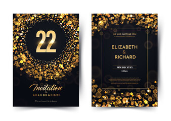 22nd years birthday vector black paper luxury invitation double card. Twenty two years wedding anniversary celebration brochure. Template of invitational for print on dark background with bokeh lights