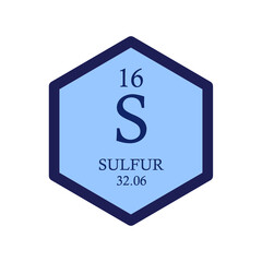 S Sulfur Non reactive metal Chemical Element Periodic Table. Hexagon vector illustration, simple clean style Icon with molar mass and atomic number for Lab, science or chemistry education.