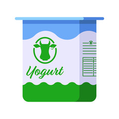 Flat Style Plastic Cup with Yougurt Isolated Icon on White Background. Colorful Vector dairy product illustration. Plastic cup with fresh Greek yogurt in white, blue and green colors