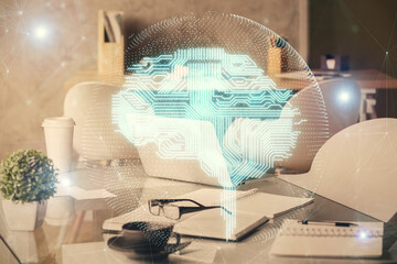 Double exposure of brain drawing and office interior background. Concept of data technology.