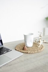Handmade home decor. round jute napkins, hot plate, table setting. the concept of long-term decor...