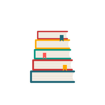 Colorful pile of books icon. Stack of books with bookmarks. Library and reading concept. Education and learning. Classic books. World book day. White background. Vector illustration, flat, clip art.