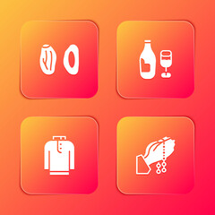 Set Date fruit, Wine bottle with glass, Shirt kurta and Hands praying position icon. Vector