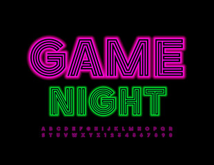 Vector creative flyer Game Night. Abstract Maze Font. Neon bright Alphabet Letters and Numbers set