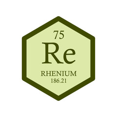 Re Rhenium Transition metal Chemical Element Periodic Table. Hexagon vector illustration, simple clean style Icon with molar mass and atomic number for Lab, science or chemistry education.
