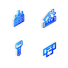 Set Isometric line Hanging sign with Sale, Skyscraper, House key and plan icon. Vector