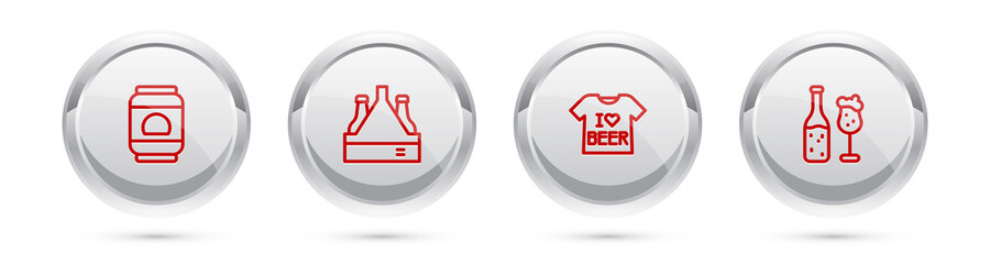 Set line Beer can, Pack of beer bottles, T-shirt and and glass. Silver circle button. Vector