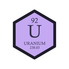 U Uranium Actinoid Chemical Element Periodic Table. Hexagon vector illustration, simple clean style Icon with molar mass and atomic number for Lab, science or chemistry education.