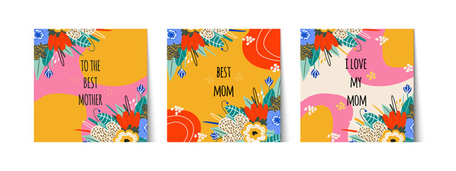 Fototapeta na wymiar set of stylish cards for mother's day or mom's birthday. Greeting lettering best mom, I love my mom. Bouquet, gift label. Bright flowers and leaves. Vector illustration