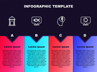 Set line Muslim Mosque, Christian fish, Cross ankh and Star and crescent. Business infographic template. Vector