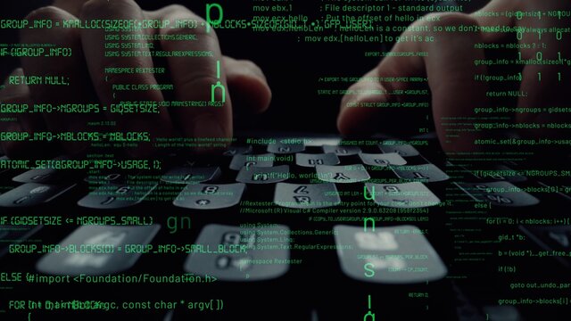 Creative visual of computer programming coding and software development shown by man working on computer keyboard with overlay of computer graphic displaying abstract program codes and computer script