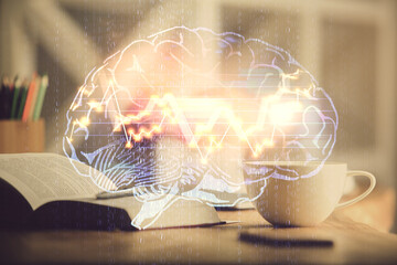 Double exposure of brain drawing and desktop with coffee and items on table background. Concept of...